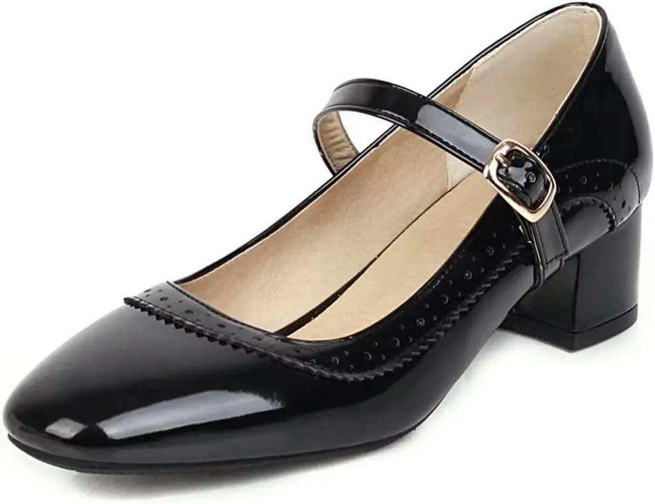 Hee grand Vintage Mary Jane Shoes Chunky Heels for Women Square Toe Adjustable Strap Pump PU Leather Brogue Work Heels Dress Shoes