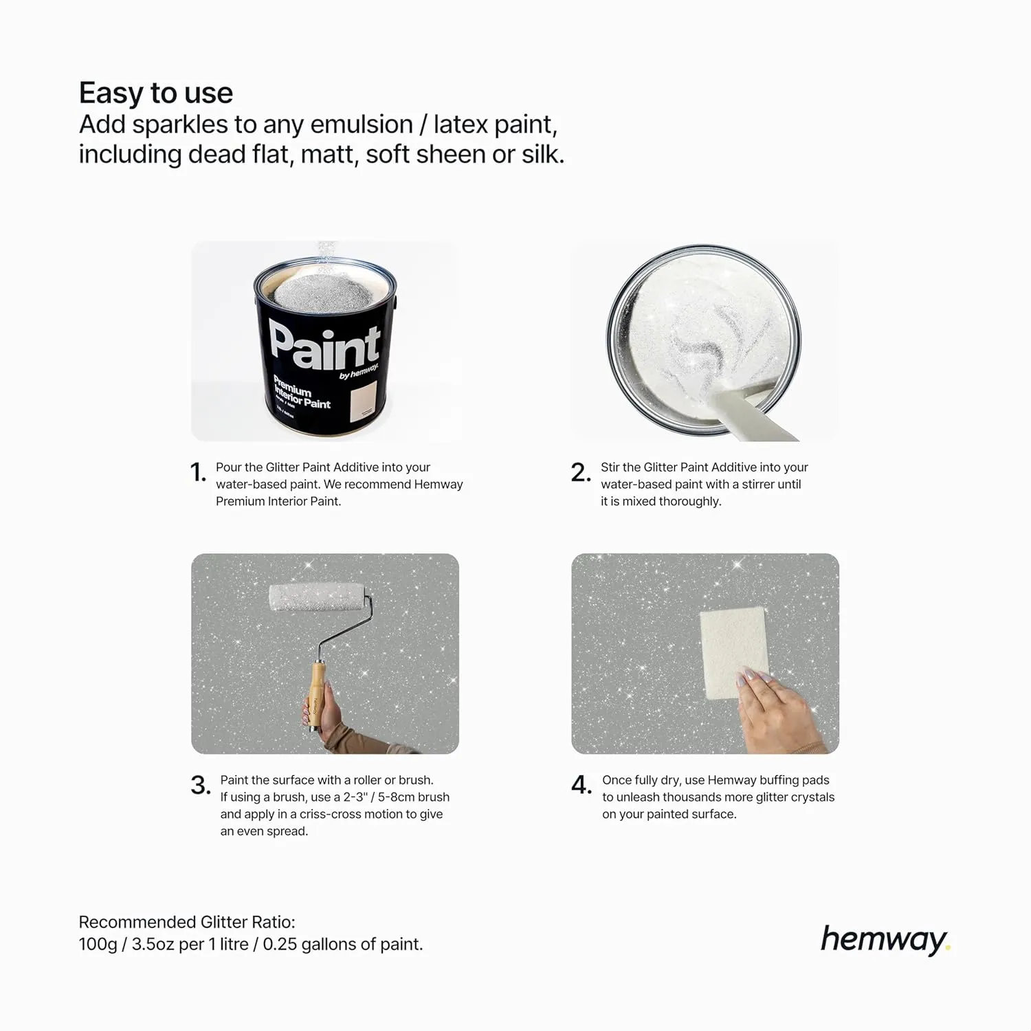 Hemway Glitter Paint Additive Glitter Crystals for Acrylic Paint, Interior & Exterior Walls, Wood, Varnish, Furniture, Matte, Gloss, Satin, Silk - 100g / 3.5oz - Silver