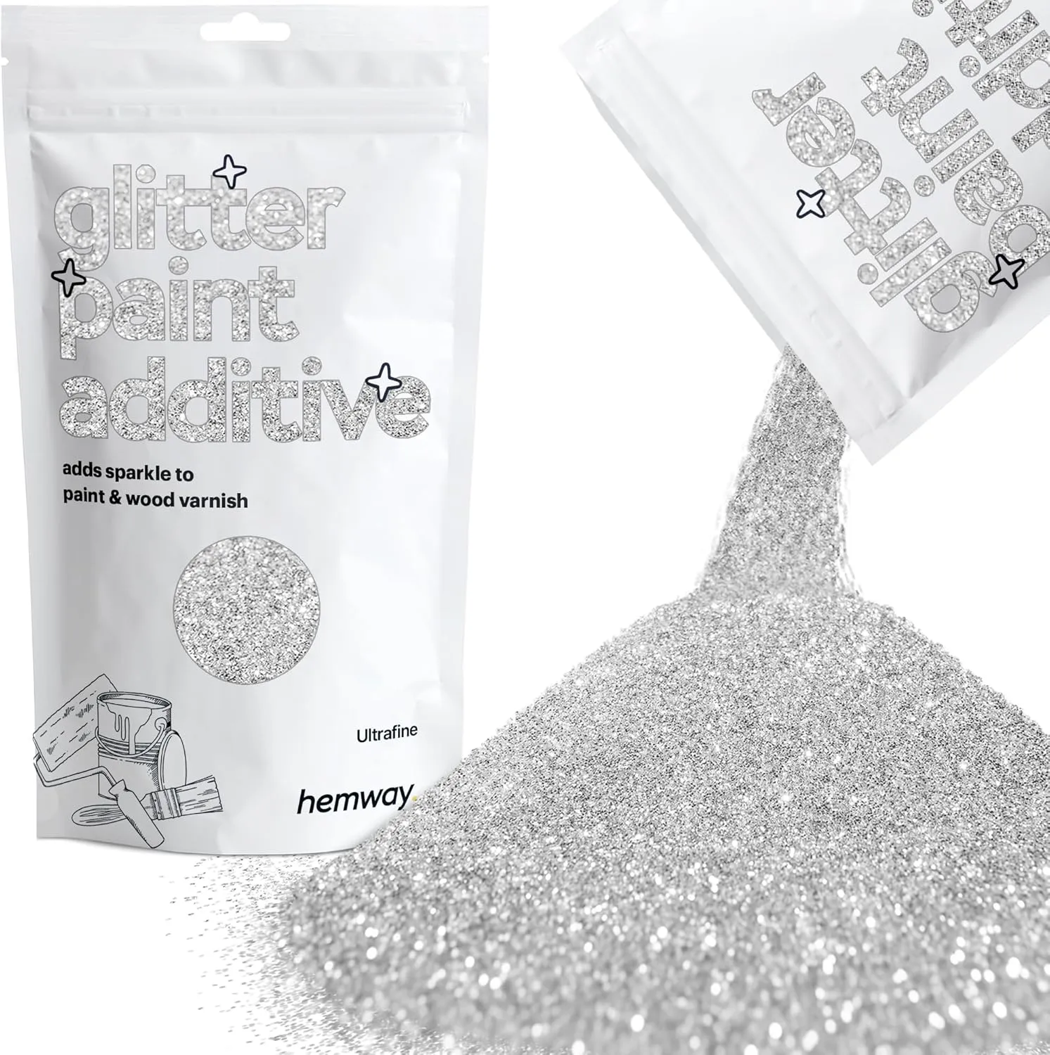 Hemway Glitter Paint Additive Glitter Crystals for Acrylic Paint, Interior & Exterior Walls, Wood, Varnish, Furniture, Matte, Gloss, Satin, Silk - 100g / 3.5oz - Silver