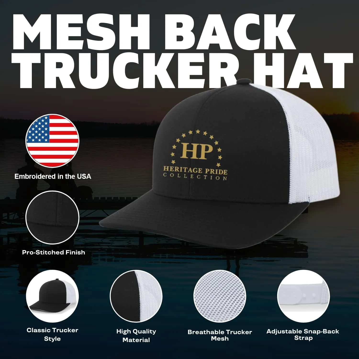 Heritage Pride Mens American Flag Turkey Track Mesh Back Trucker Hat Baseball Cap