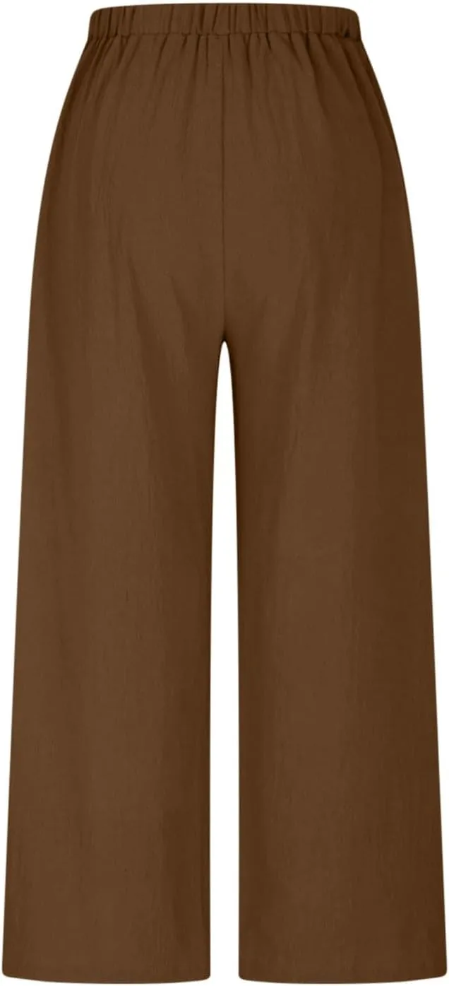 HGps8w Women's Cotton Linen Cropped Palazzo Pants Trendy Wide Leg Summer Loose High Waisted Lounge Trousers with Pockets