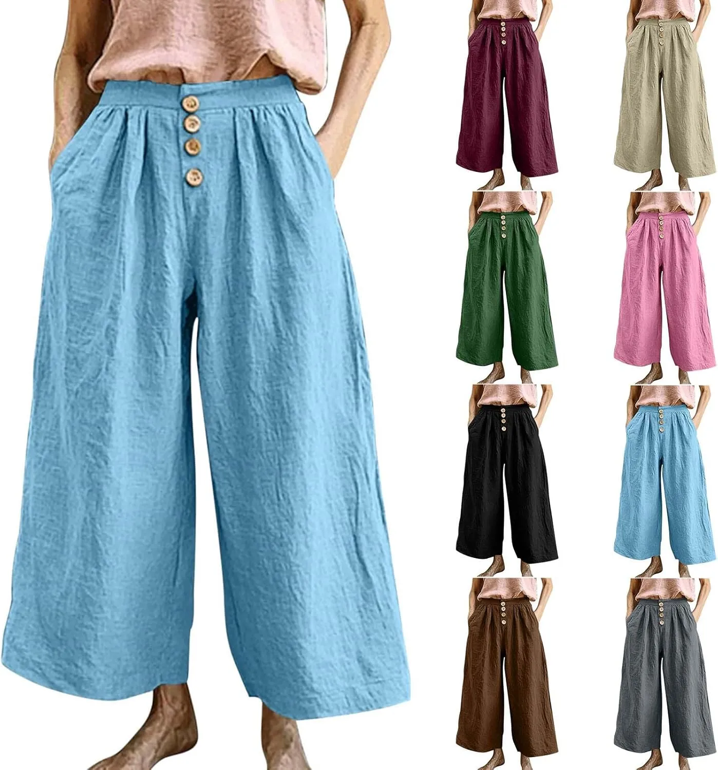 HGps8w Women's Cotton Linen Cropped Palazzo Pants Trendy Wide Leg Summer Loose High Waisted Lounge Trousers with Pockets