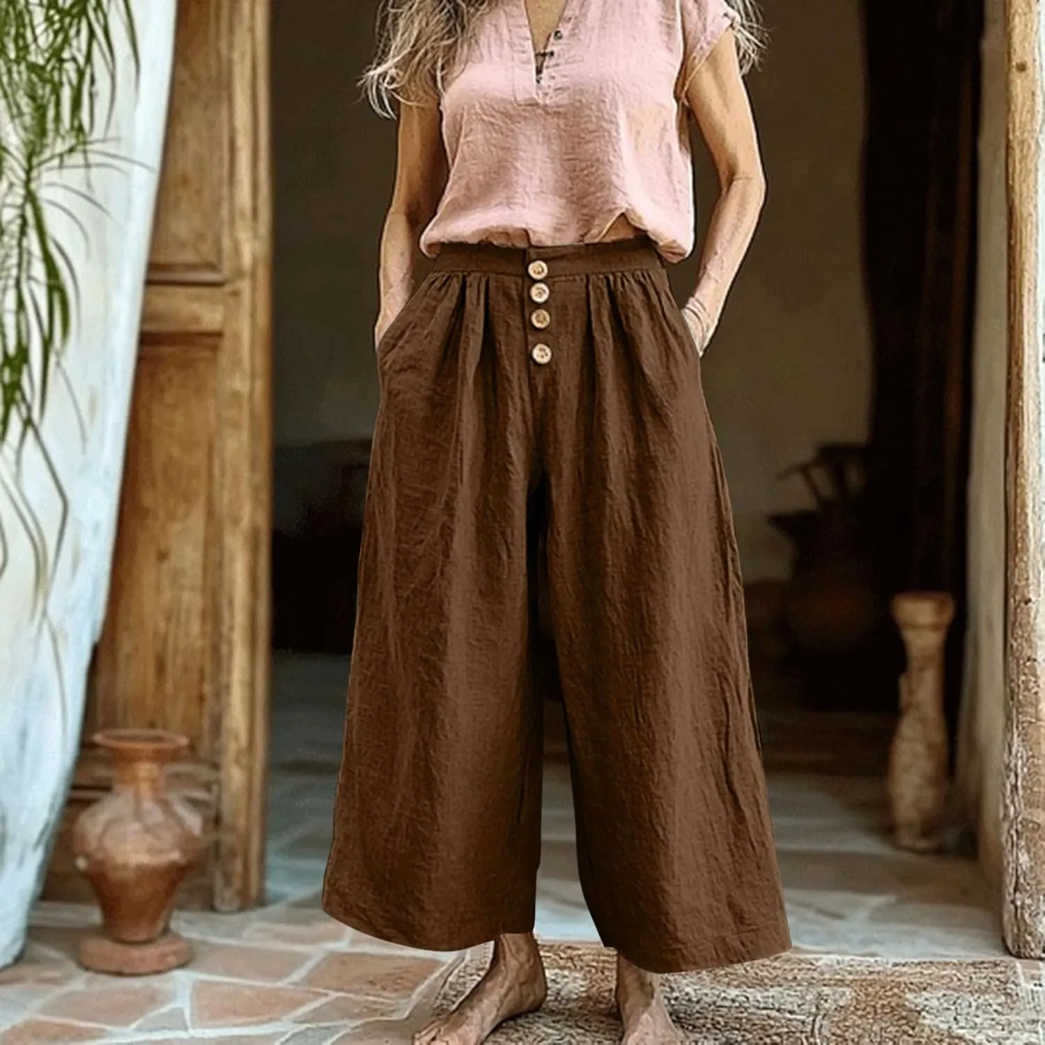 HGps8w Women's Cotton Linen Cropped Palazzo Pants Trendy Wide Leg Summer Loose High Waisted Lounge Trousers with Pockets