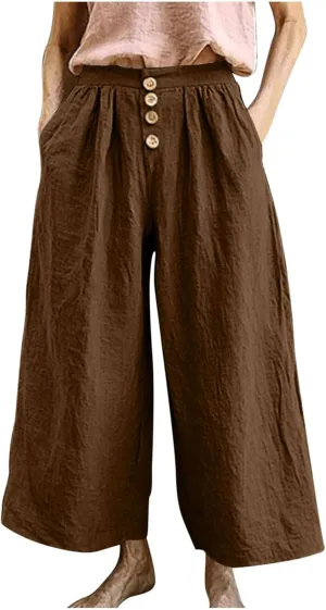 HGps8w Women's Cotton Linen Cropped Palazzo Pants Trendy Wide Leg Summer Loose High Waisted Lounge Trousers with Pockets