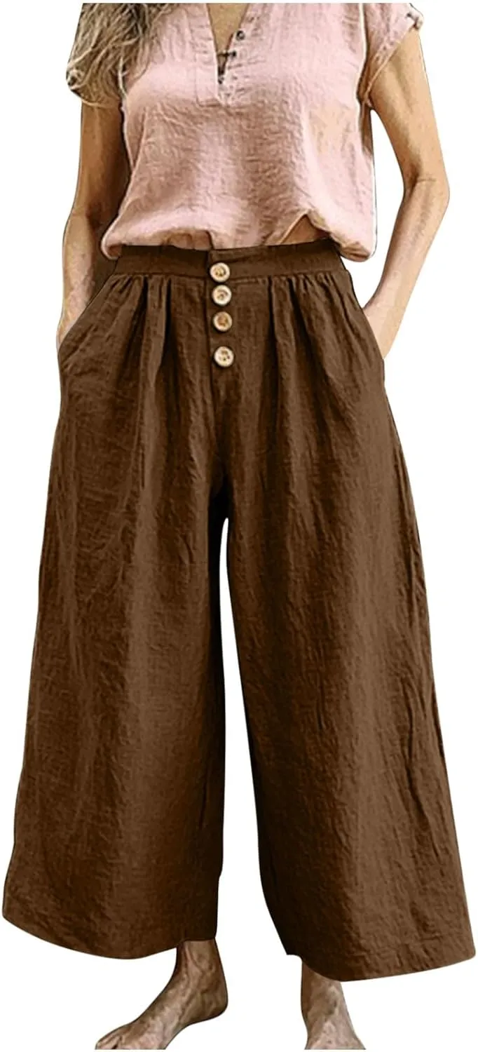 HGps8w Women's Cotton Linen Cropped Palazzo Pants Trendy Wide Leg Summer Loose High Waisted Lounge Trousers with Pockets
