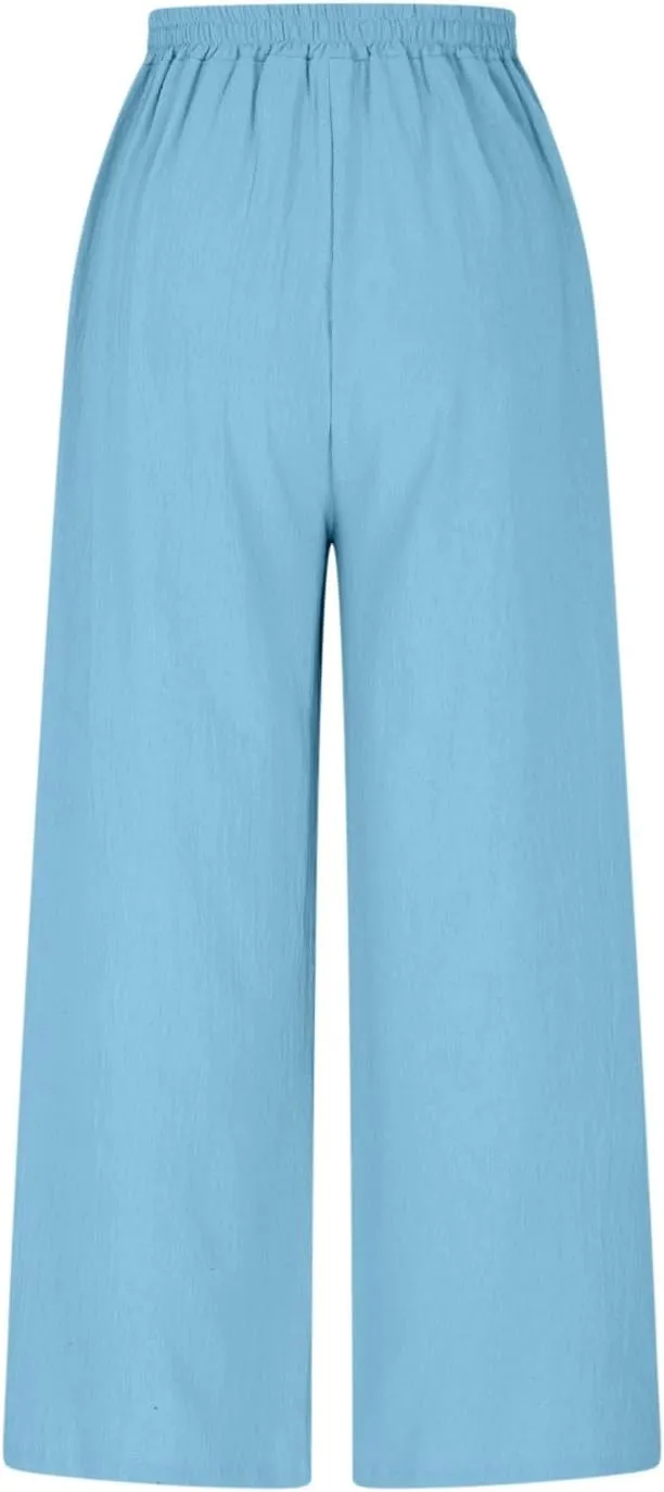 HGps8w Women's Summer Cotton Linen Loose Cropped Palazzo Pants Trendy Wide Leg High Waisted Lounge Trousers with Pockets