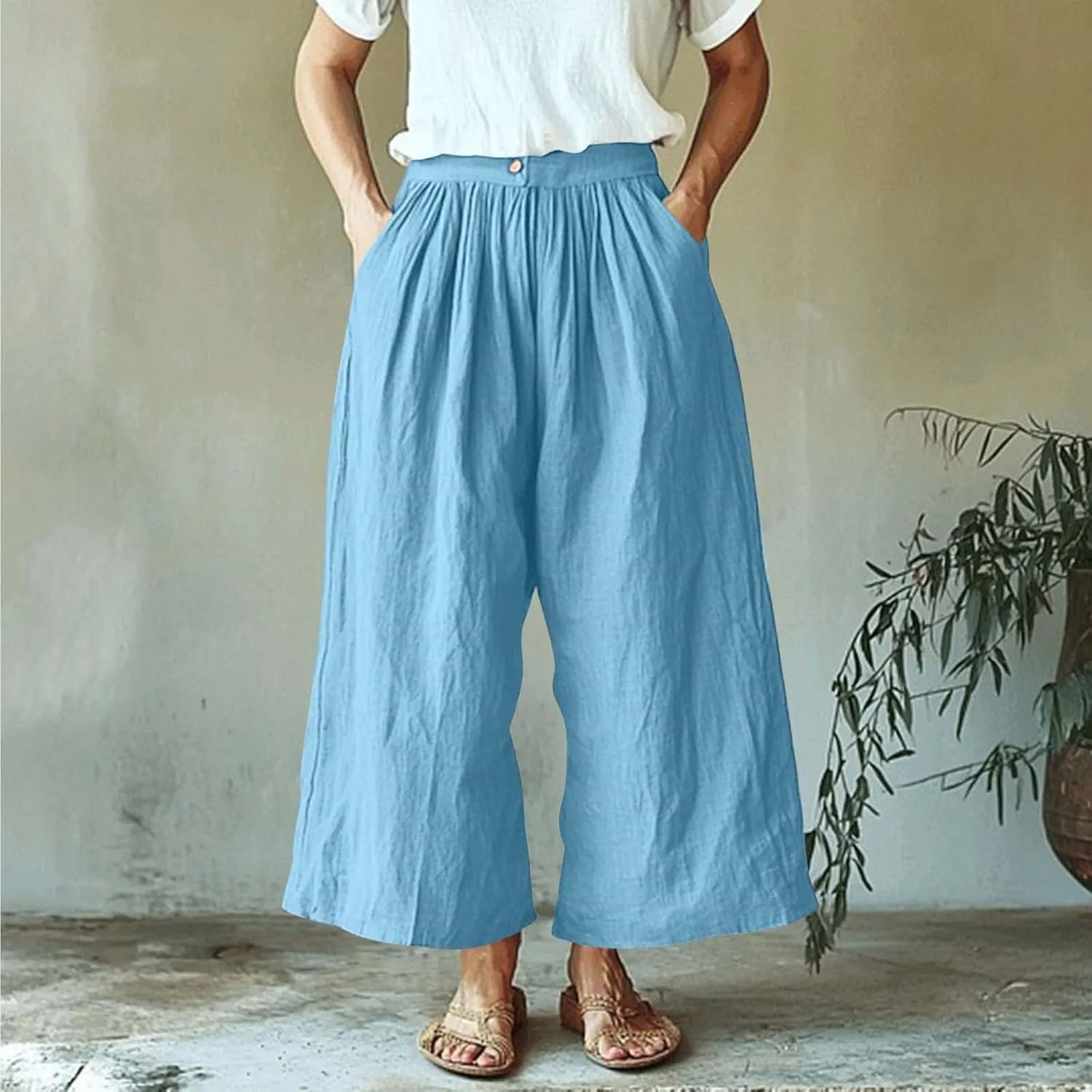 HGps8w Women's Summer Cotton Linen Loose Cropped Palazzo Pants Trendy Wide Leg High Waisted Lounge Trousers with Pockets