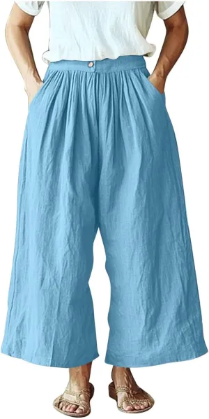 HGps8w Women's Summer Cotton Linen Loose Cropped Palazzo Pants Trendy Wide Leg High Waisted Lounge Trousers with Pockets