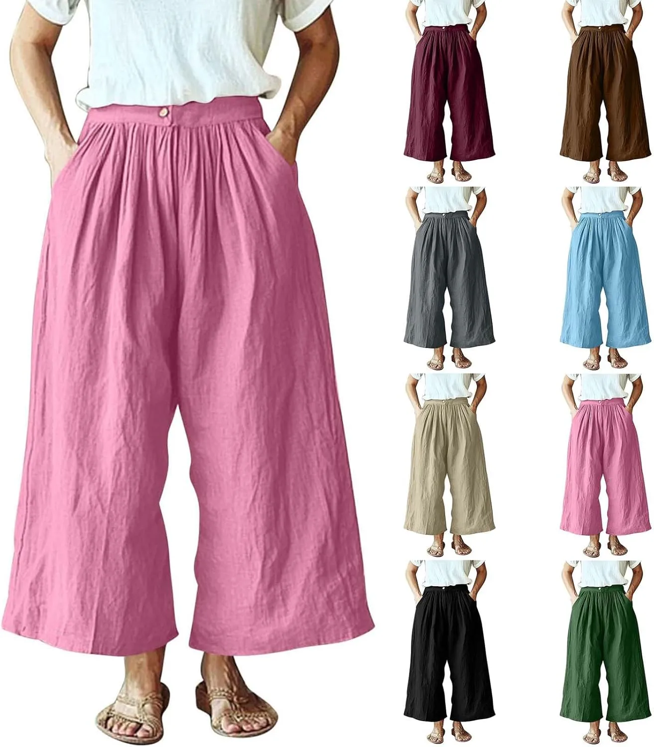 HGps8w Women's Summer Cotton Linen Loose Cropped Palazzo Pants Trendy Wide Leg High Waisted Lounge Trousers with Pockets