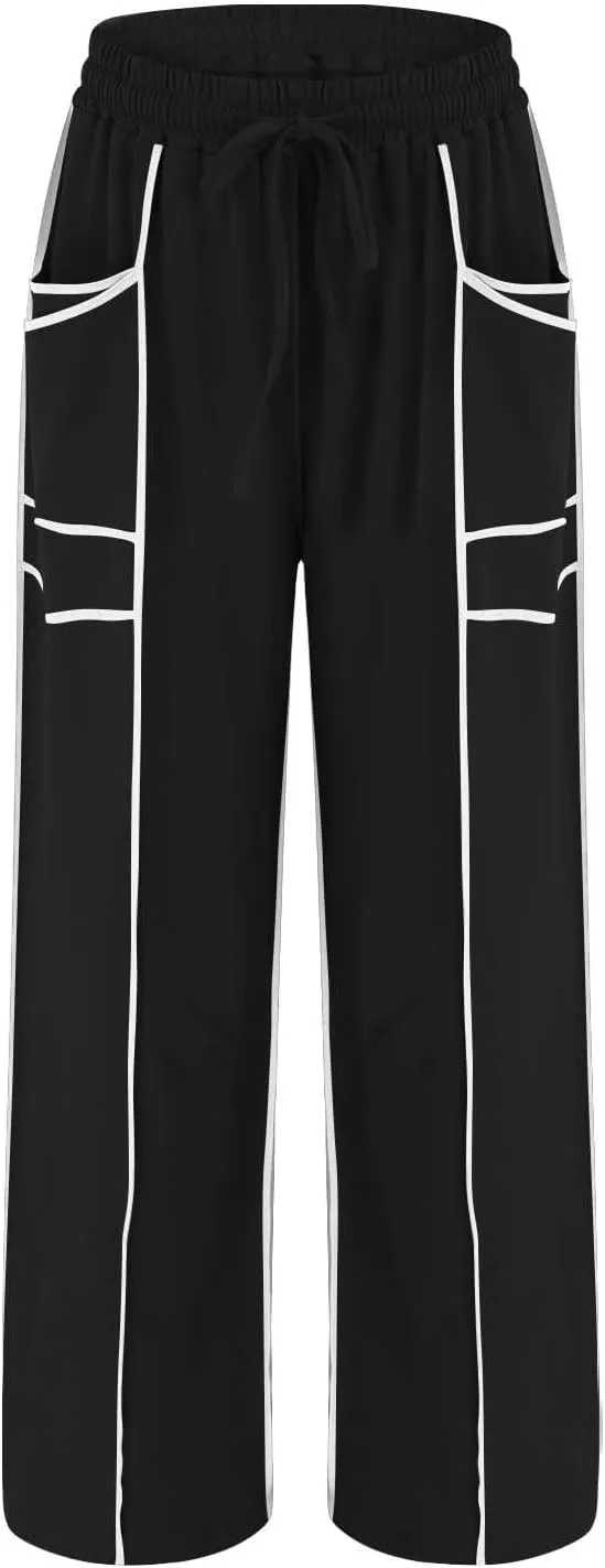 HGps8w Women's Summer Trendy Striped Loose Palazzo Pants Wide Leg Elastic Waist Sweatpants Lounge Trousers with Pockets