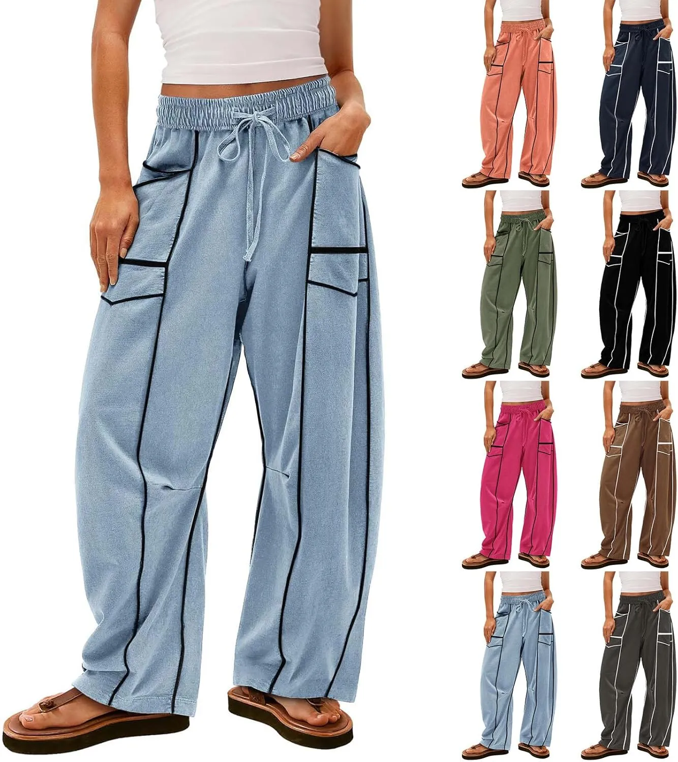 HGps8w Women's Summer Trendy Striped Loose Palazzo Pants Wide Leg Elastic Waist Sweatpants Lounge Trousers with Pockets