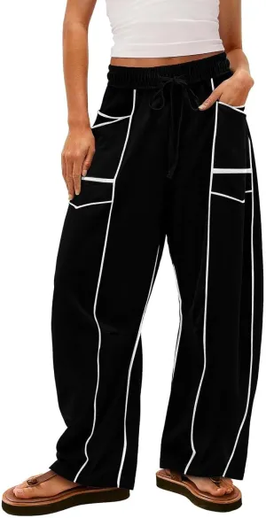 HGps8w Women's Summer Trendy Striped Loose Palazzo Pants Wide Leg Elastic Waist Sweatpants Lounge Trousers with Pockets
