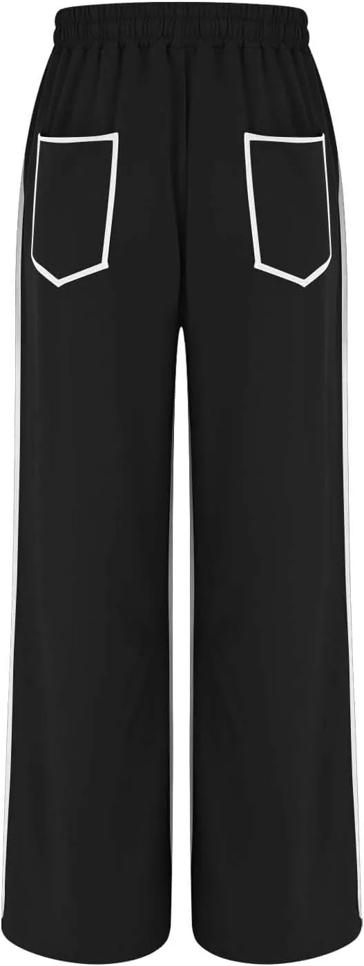 HGps8w Women's Summer Trendy Striped Loose Palazzo Pants Wide Leg Elastic Waist Sweatpants Lounge Trousers with Pockets
