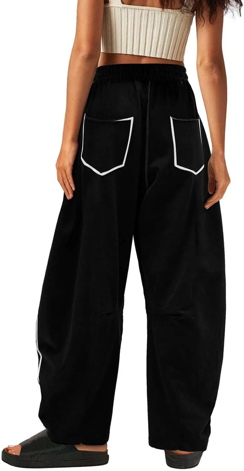 HGps8w Women's Summer Trendy Striped Loose Palazzo Pants Wide Leg Elastic Waist Sweatpants Lounge Trousers with Pockets