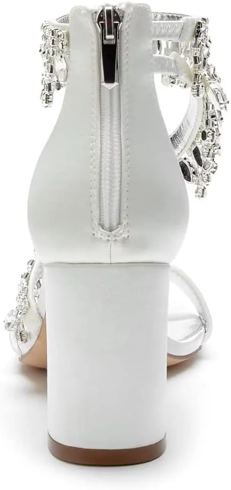 High Block Heel Wedding Shoes Open Toe Women Heeled Sandals Rhinestones Bride Chunky Heels