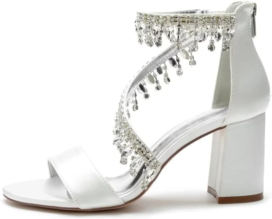 High Block Heel Wedding Shoes Open Toe Women Heeled Sandals Rhinestones Bride Chunky Heels
