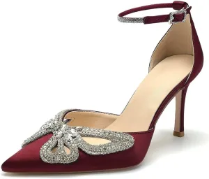 High Heel Wedding Shoes for Bride Closed Toe Bridal Heels Rhinestones Butterfly Prom Evening Party Shoes