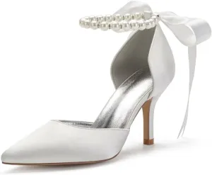 High Heel Wedding Shoes for Bride Closed Toe Pearl Bridal Heels Formal Pumps for Women Evening