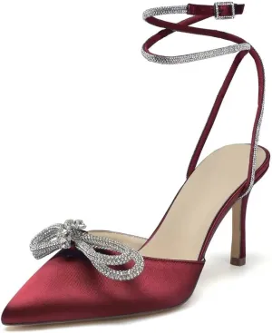 High Heel Wedding Shoes for Bride Pointed Toe Ankle Strap Bridal Shoes Glitter Bow Wedding Heels