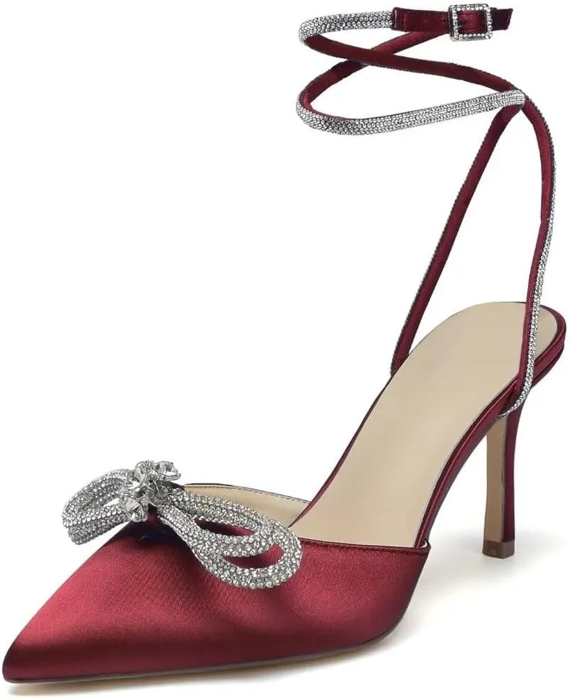 High Heel Wedding Shoes for Bride Pointed Toe Ankle Strap Bridal Shoes Glitter Bow Wedding Heels