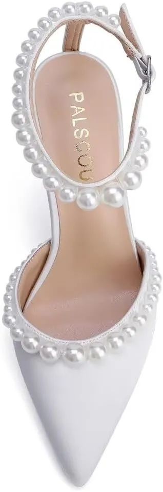High Heel Wedding Shoes for Bride Pointed Toe Bridal Shoes Pearl Heels Ankle Strap Wedding Pumps