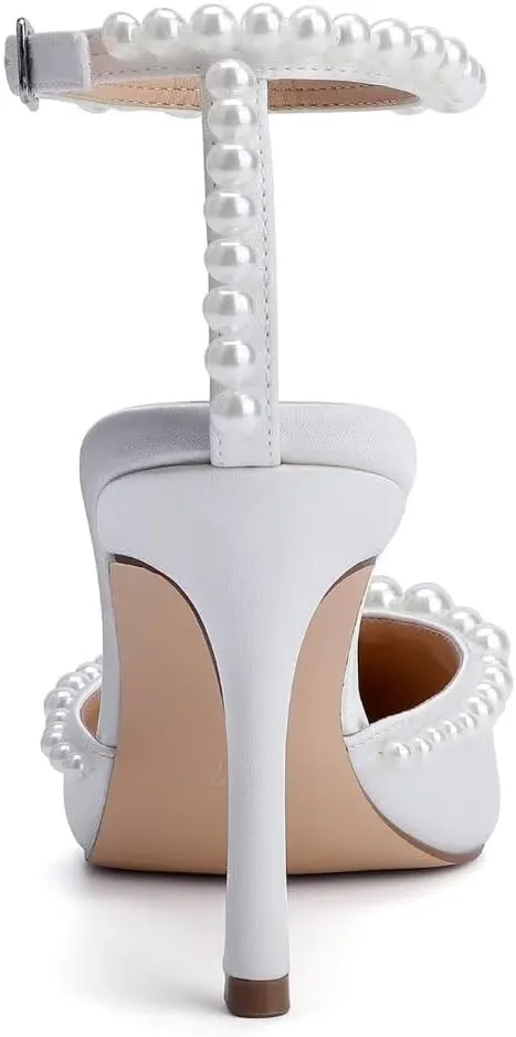 High Heel Wedding Shoes for Bride Pointed Toe Bridal Shoes Pearl Heels Ankle Strap Wedding Pumps