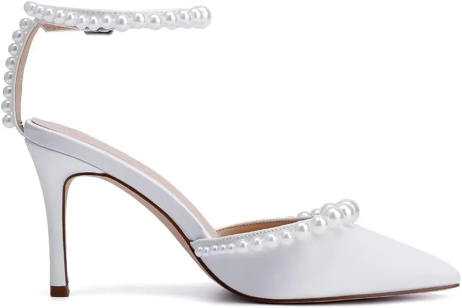 High Heel Wedding Shoes for Bride Pointed Toe Bridal Shoes Pearl Heels Ankle Strap Wedding Pumps