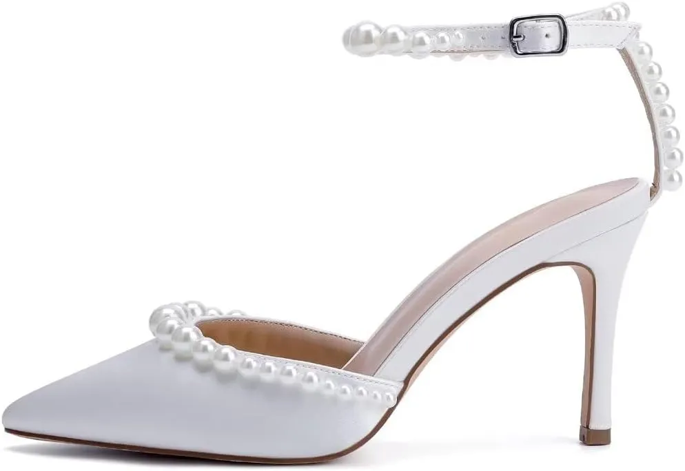 High Heel Wedding Shoes for Bride Pointed Toe Bridal Shoes Pearl Heels Ankle Strap Wedding Pumps