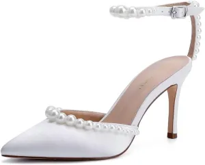 High Heel Wedding Shoes for Bride Pointed Toe Bridal Shoes Pearl Heels Ankle Strap Wedding Pumps