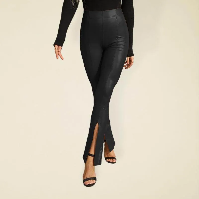 High Rise Faux Leather Pants with Slit