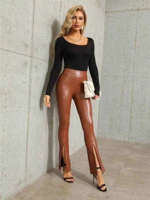 High Rise Faux Leather Pants with Slit