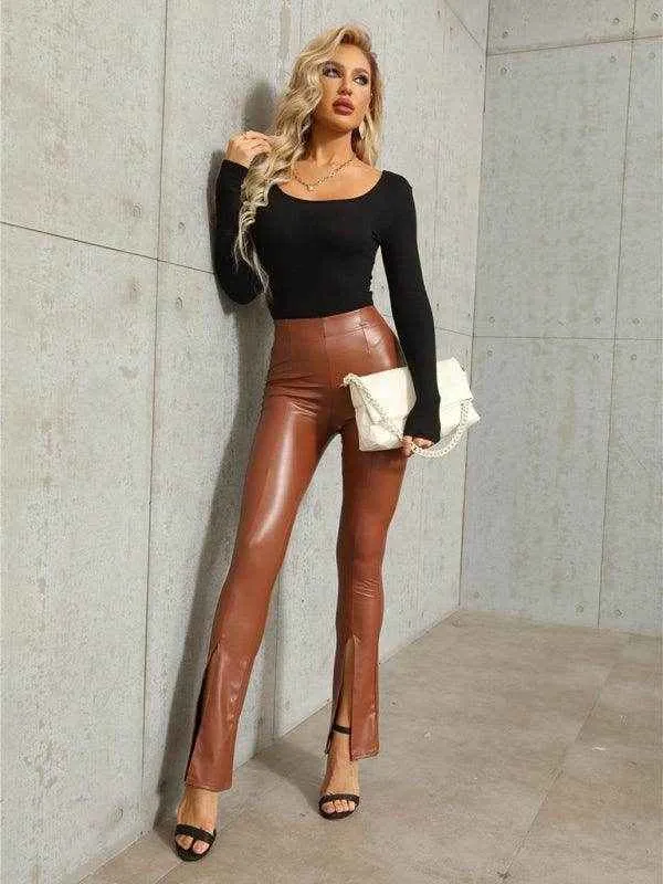 High Rise Faux Leather Pants with Slit
