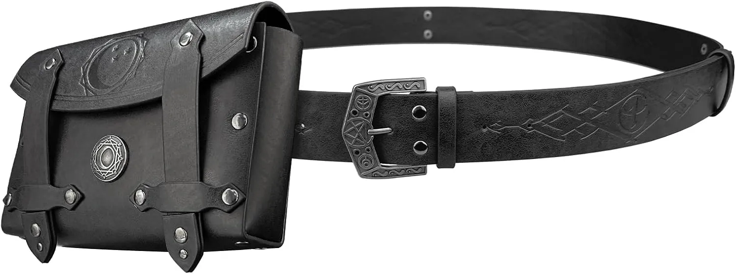 HiiFeuer 3PCs Medieval Alchemy Faux Leather Belt Bag Set with 5 Cork Potion Vials, Fantasy Embossed Wizard Belt (Black A)