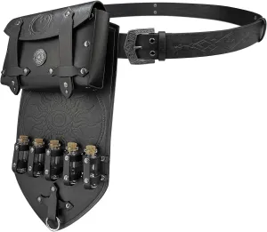 HiiFeuer 3PCs Medieval Alchemy Faux Leather Belt Bag Set with 5 Cork Potion Vials, Fantasy Embossed Wizard Belt (Black A)