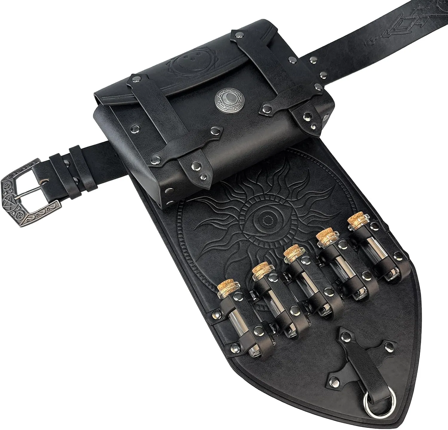 HiiFeuer 3PCs Medieval Alchemy Faux Leather Belt Bag Set with 5 Cork Potion Vials, Fantasy Embossed Wizard Belt (Black A)