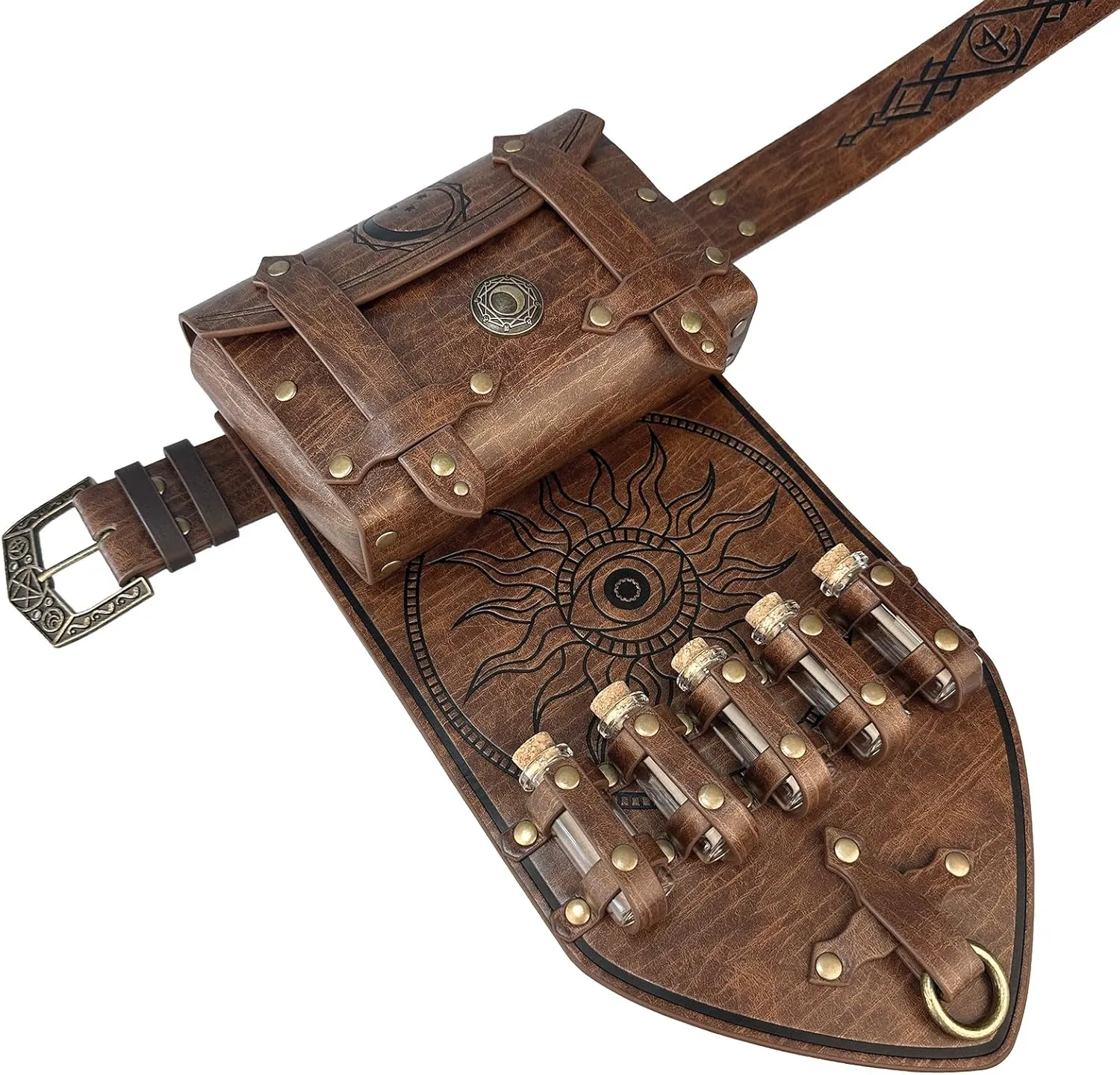 HiiFeuer 3PCs Medieval Alchemy Faux Leather Belt Bag Set with 5 Cork Potion Vials, Fantasy Embossed Wizard Belt (Brown A)
