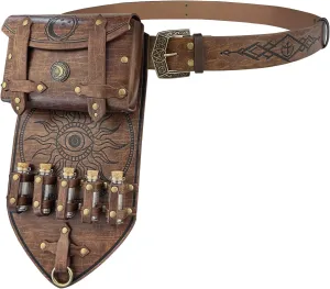 HiiFeuer 3PCs Medieval Alchemy Faux Leather Belt Bag Set with 5 Cork Potion Vials, Fantasy Embossed Wizard Belt (Brown A)