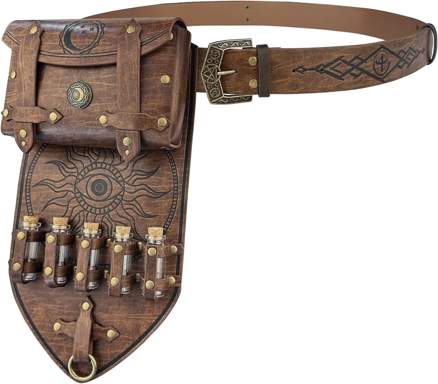HiiFeuer 3PCs Medieval Alchemy Faux Leather Belt Bag Set with 5 Cork Potion Vials, Fantasy Embossed Wizard Belt (Brown A)