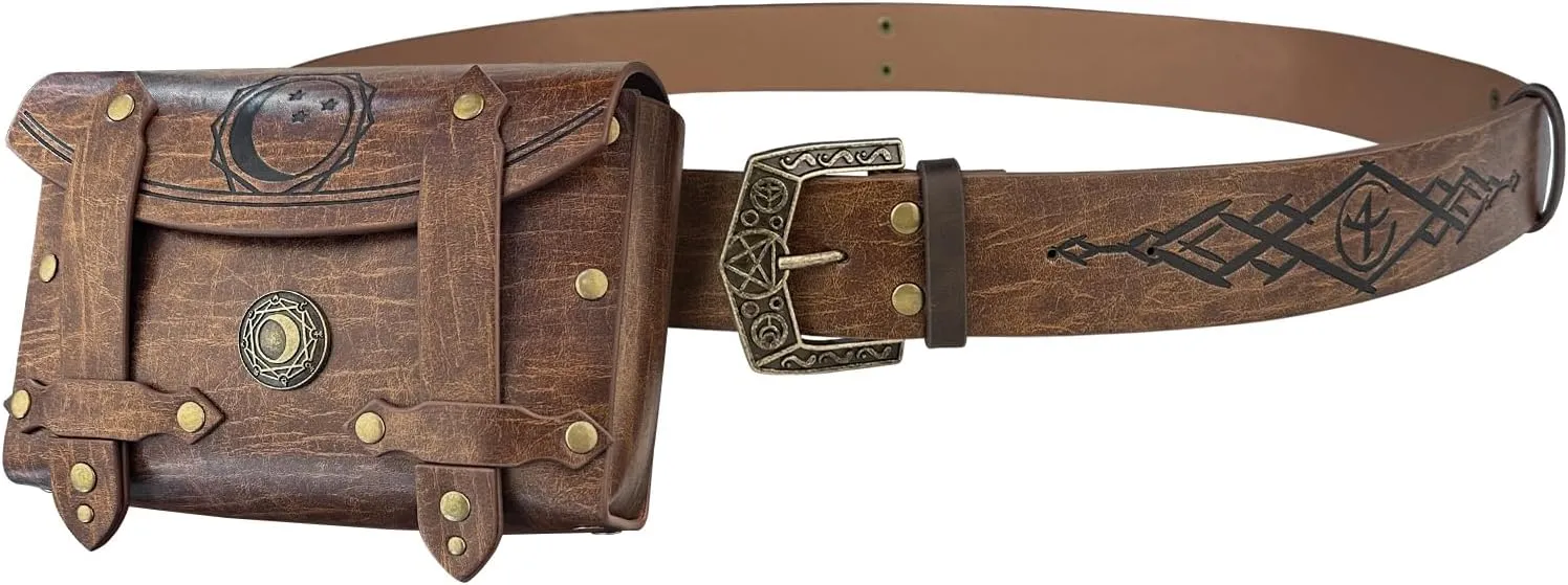 HiiFeuer 3PCs Medieval Alchemy Faux Leather Belt Bag Set with 5 Cork Potion Vials, Fantasy Embossed Wizard Belt (Brown A)