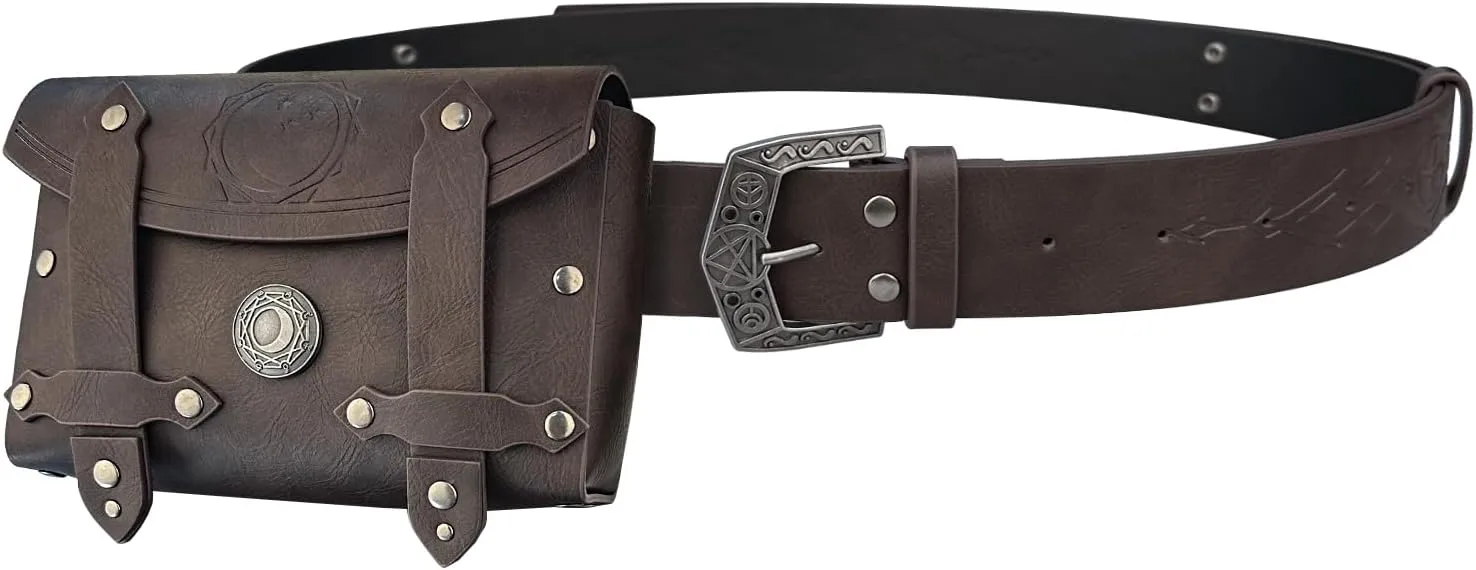 HiiFeuer 3PCs Medieval Alchemy Faux Leather Belt Bag Set with 5 Cork Potion Vials, Fantasy Embossed Wizard Belt (Dark Brown A)