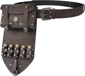 HiiFeuer 3PCs Medieval Alchemy Faux Leather Belt Bag Set with 5 Cork Potion Vials, Fantasy Embossed Wizard Belt (Dark Brown A)