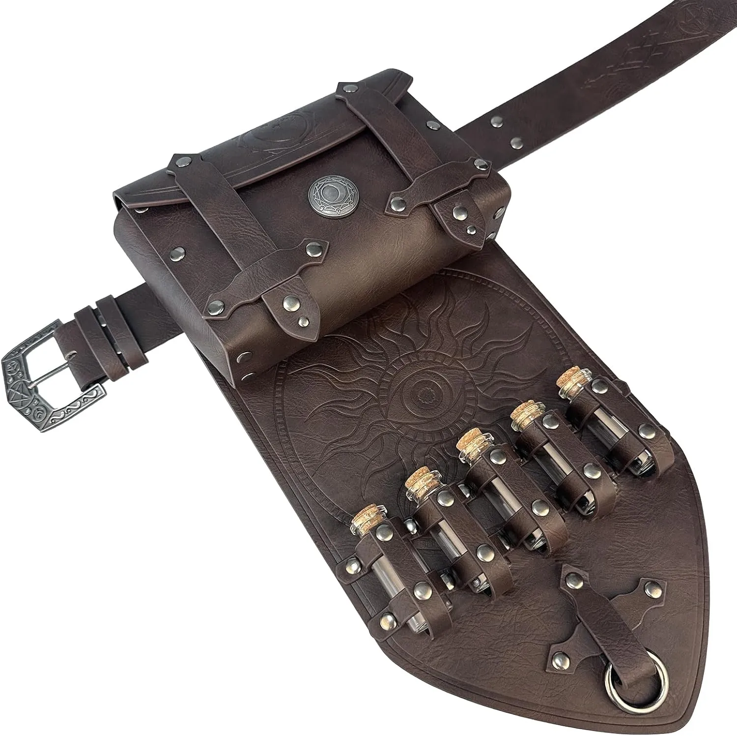 HiiFeuer 3PCs Medieval Alchemy Faux Leather Belt Bag Set with 5 Cork Potion Vials, Fantasy Embossed Wizard Belt (Dark Brown A)