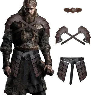 HiiFeuer Medieval Faux Leather Double Pauldron with Double Sides Thigh Armor and Embossed Headpiece, Retro Renaissance Cosplay Costume