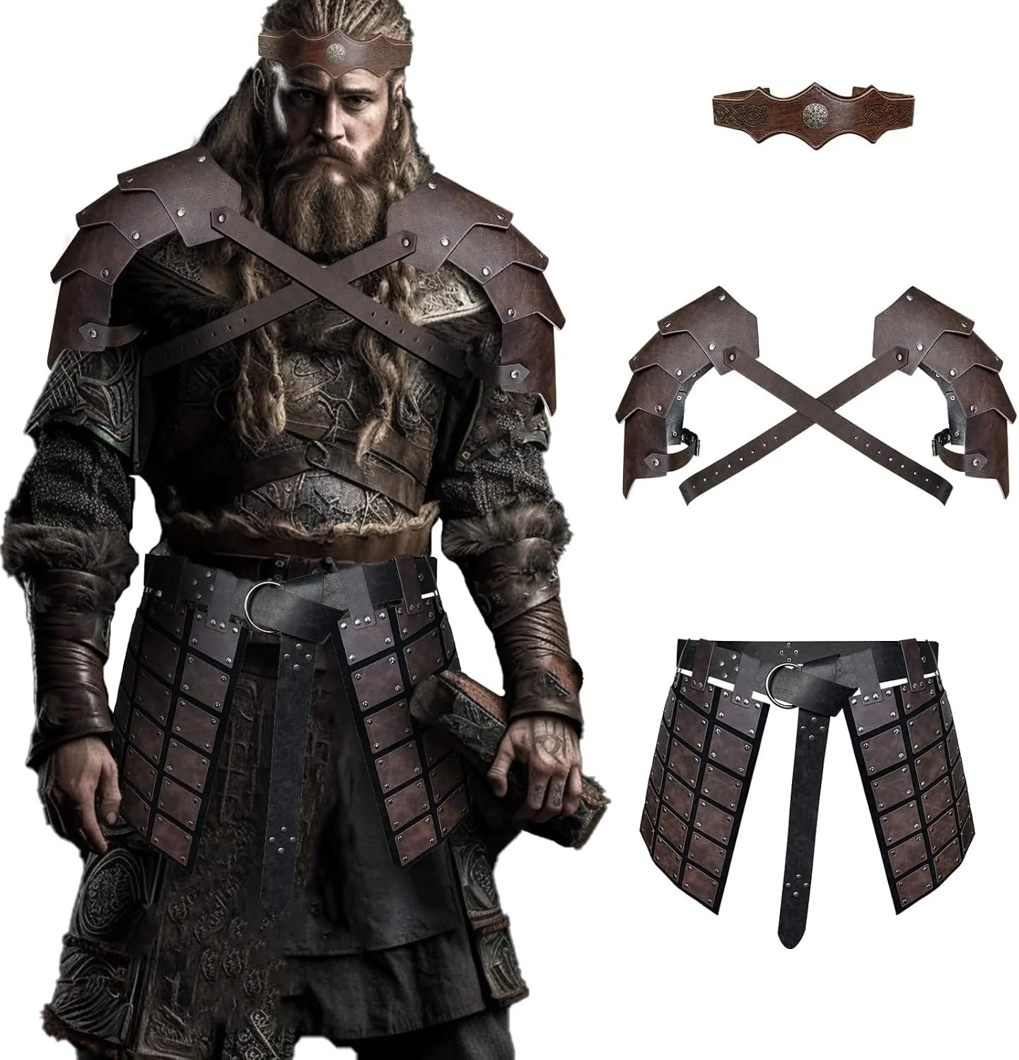 HiiFeuer Medieval Faux Leather Double Pauldron with Double Sides Thigh Armor and Embossed Headpiece, Retro Renaissance Cosplay Costume
