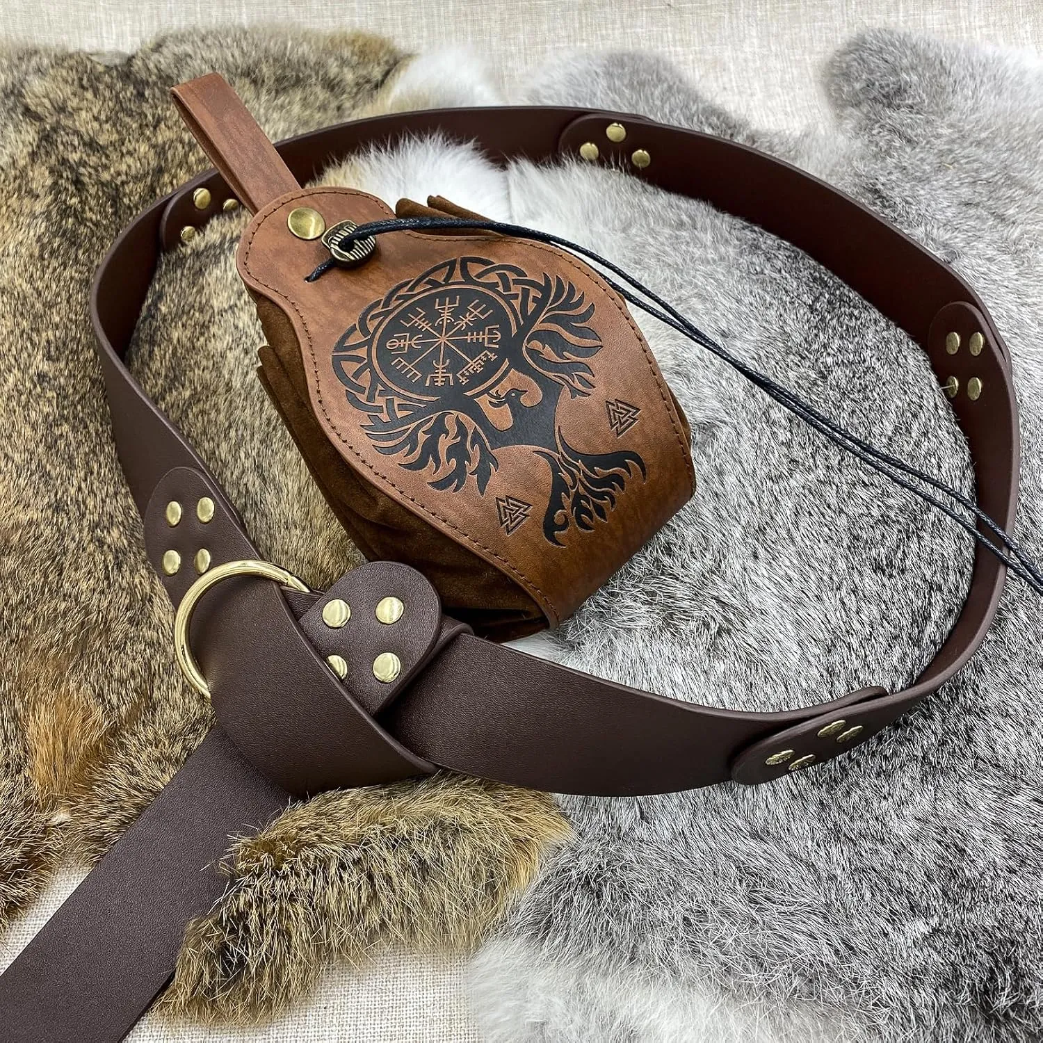 HiiFeuer Medieval O Ring Belt with Portable Drawstring Pouch, Retro Renaissance Faux Leather Belt and Purse Set for Ren Faire