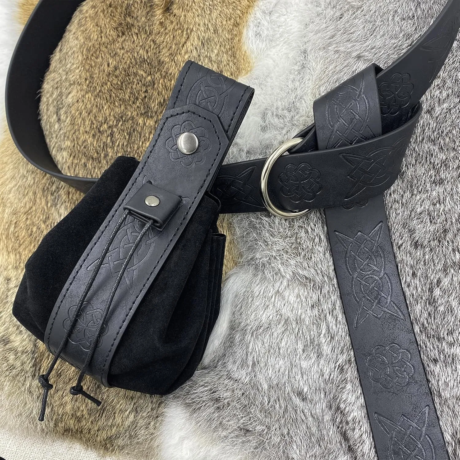 HiiFeuer Medieval O Ring Belt with Portable Drawstring Pouch, Retro Renaissance Faux Leather Belt and Purse Set for Ren Faire
