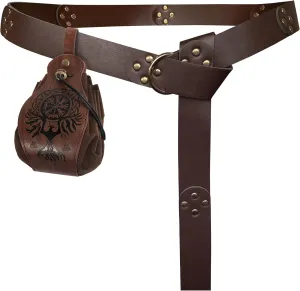 HiiFeuer Medieval O Ring Belt with Portable Drawstring Pouch, Retro Renaissance Faux Leather Belt and Purse Set for Ren Faire