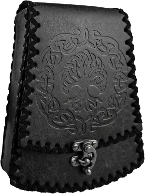 HiiFeuer Nordic Embossed Faux Leather Belt Bag, Medieval Retro Waist Bag, Vintage Portable Buckle Belt Pouch for Ren Faire (Black B)