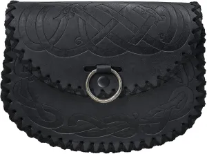 HiiFeuer Viking Embossed Belt Bag, Vintage Medieval Faux Leather Side Pack, Middle Ages Portable Belt Pouch For LARP Ren Faire (Black A)