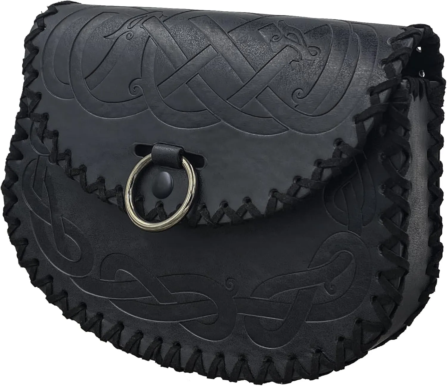HiiFeuer Viking Embossed Belt Bag, Vintage Medieval Faux Leather Side Pack, Middle Ages Portable Belt Pouch For LARP Ren Faire (Black A)